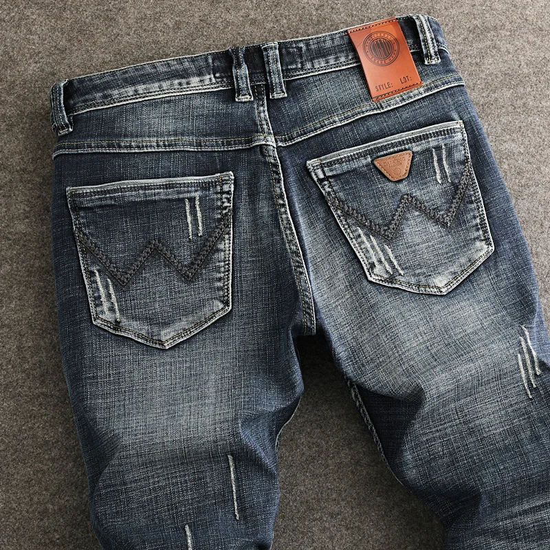 Street Fashion Men Jeans High Quality Retro Black Blue Stretch Slim Fit Ripped Jeans Men Vintage Designer Denim Pants Hombre