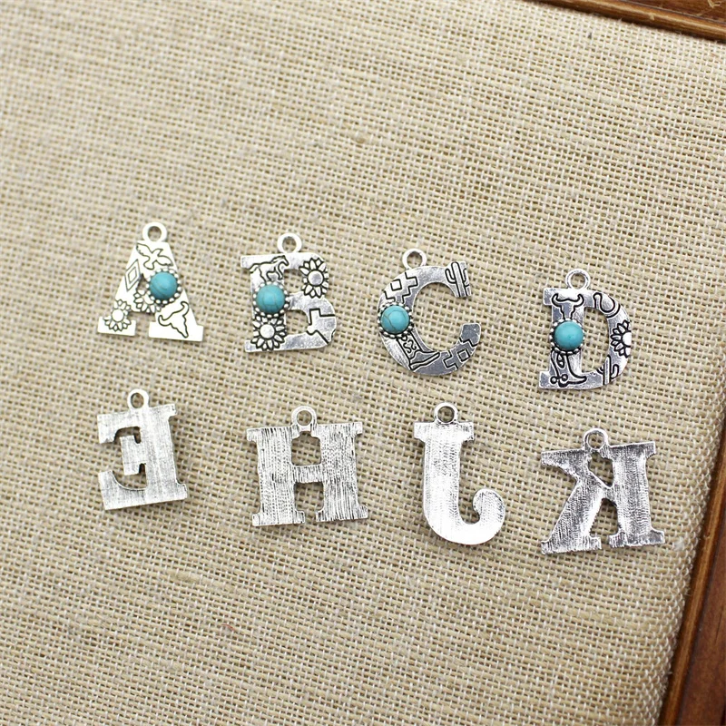 26pcs A-Z Letter Natural Stone Alloy Charms Pendant Tibetan Silver Color Alphabet Charms for DIY Neckalce Jewelry Accessory