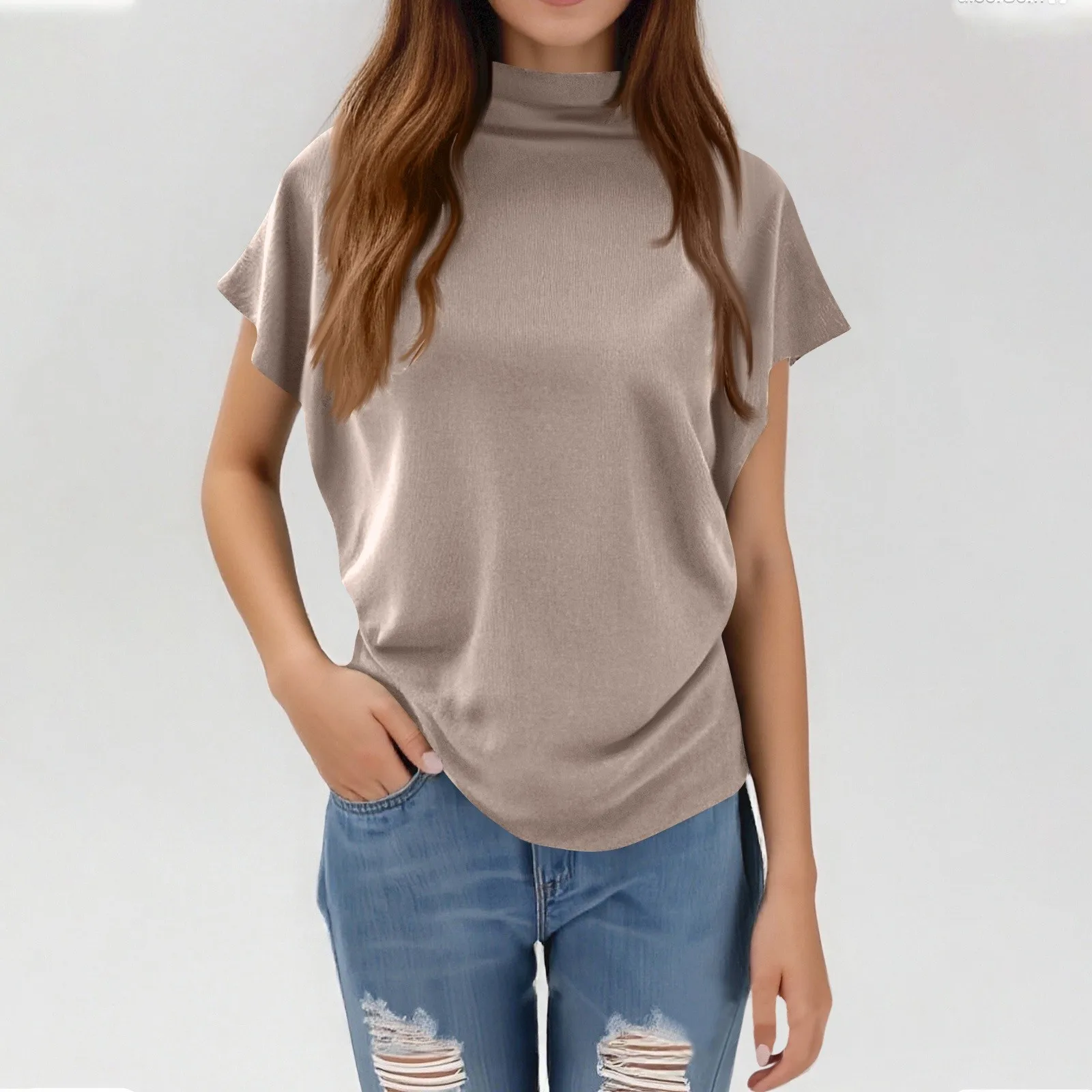 レディース新しいトレンディなファッションソリッドカラーソフトタートルネックトップハイエンドベーシック毎日の通勤薄い半袖プリーツ服