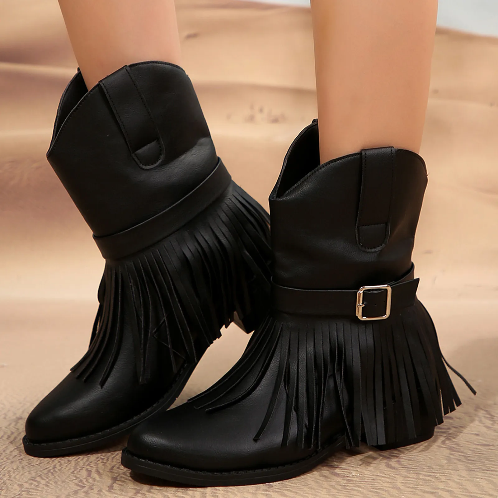 2024 New Fashion Tassels Women Autumn Square Heels Slip On Tassels Solid Short Booties Round Toe Shoes 10 Wide Boots for Women