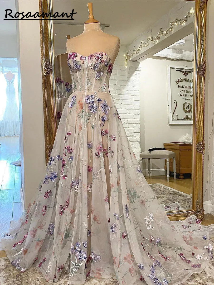 Print Flower Wedding Dresses Sweetheart  Bridal Gowns For Bride Robe De Mariée Beach Sweep Train For Women