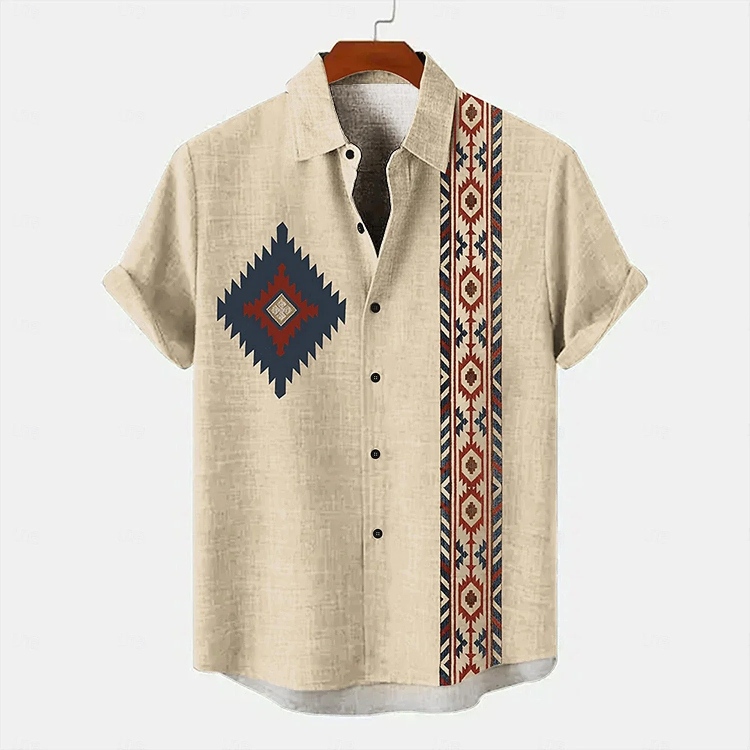 Retro Heren Overhemd Etnisch Patroon Print Korte Mouwen Revers Shirt Zomer Mode Casual Street Heren Revers Top Groot Formaat Comfort