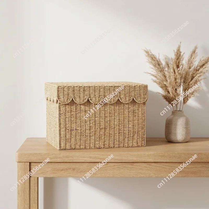 Eco-Friendly Paper Rope Hand-Woven Storage Basket, Lidded Dust-Proof Storage Box for Wardrobe Clothes Organization