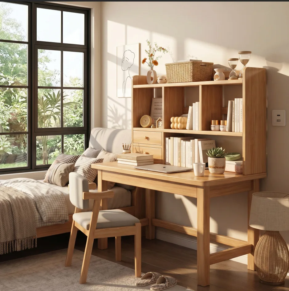 Solid wood desk, bookshelf, integrated table, student home learning computer, bedroom self-study bean table
