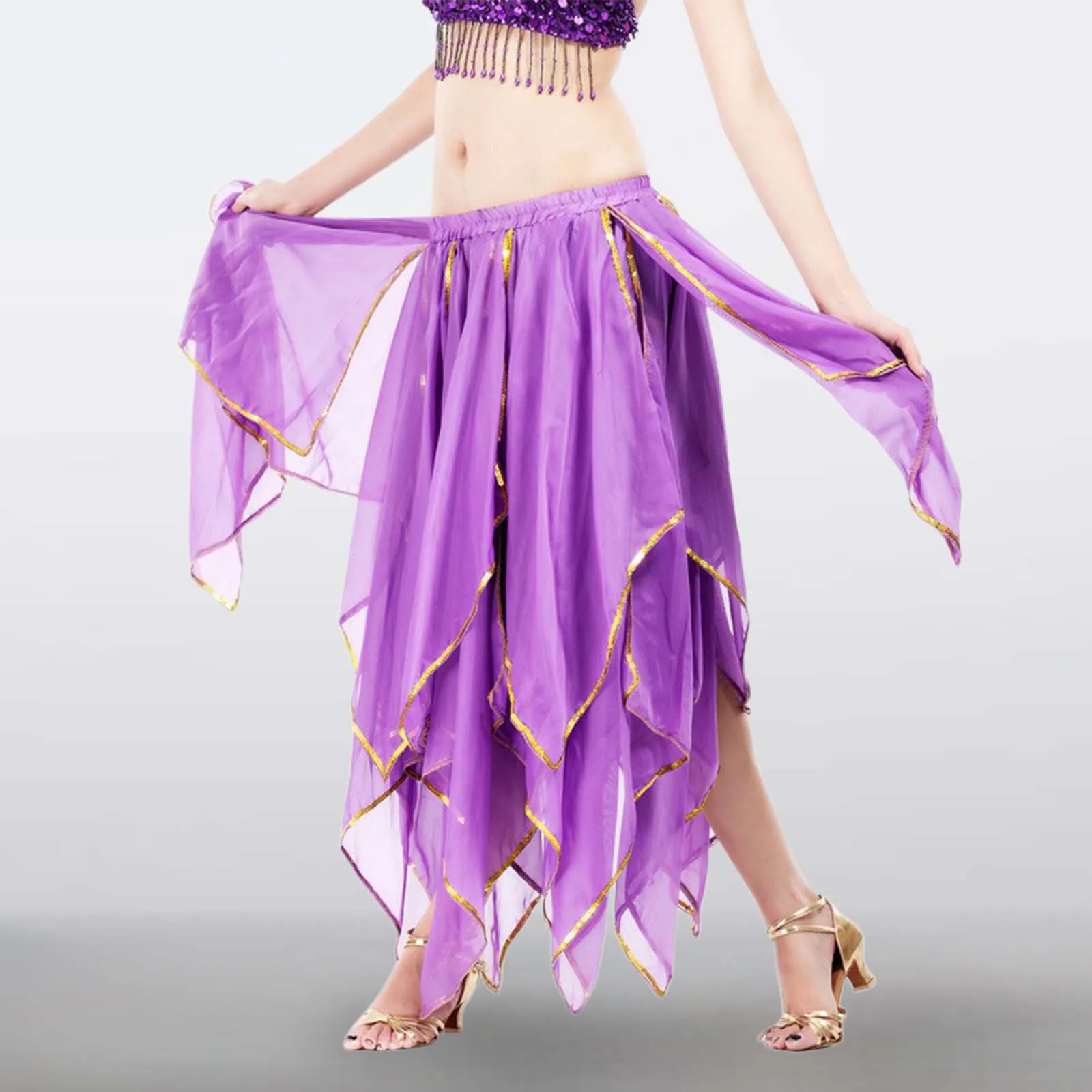 Belly Dance Chiffon 16 Leaf Skirt Spanish Tassels Belly Dance Performance Accessories Team Practice Comfortable Shiny Skirt