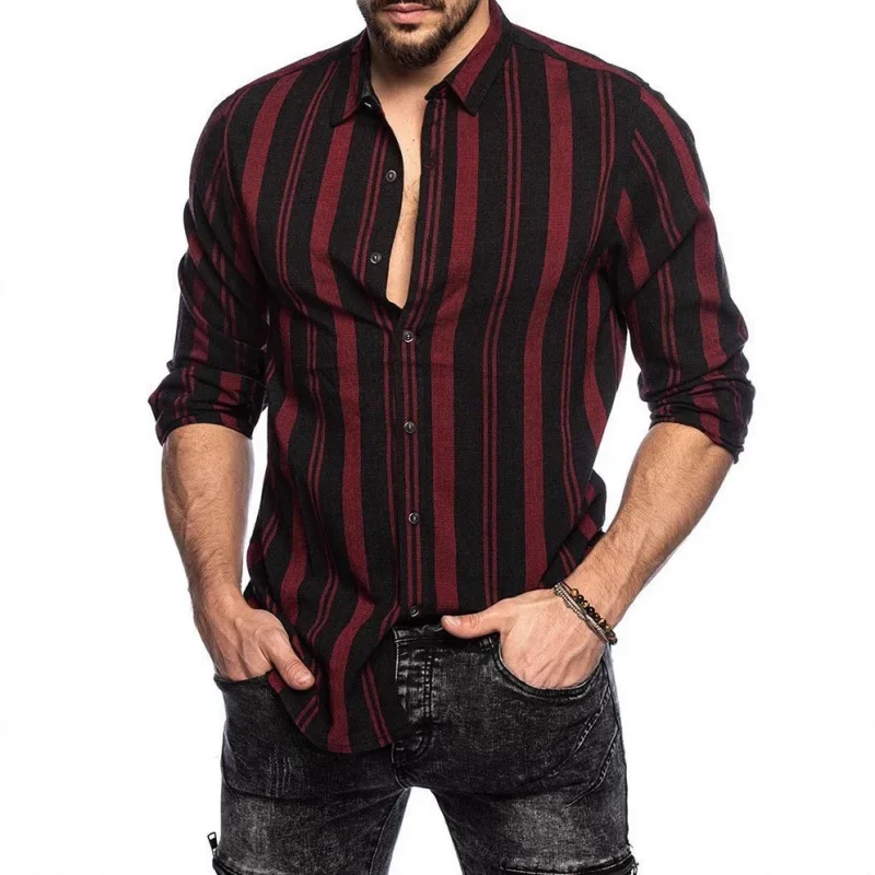 

New Men's Cardigan 3D Printed Four Sided Elastic Loose British Long Sleeved Lapel Plaid Shirt