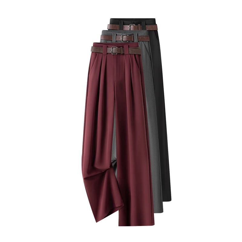 Office Lady Elegant Burgundy Suits Pants for Women High Waist Wide Leg Fashion Trousers with Pockets Black Gray