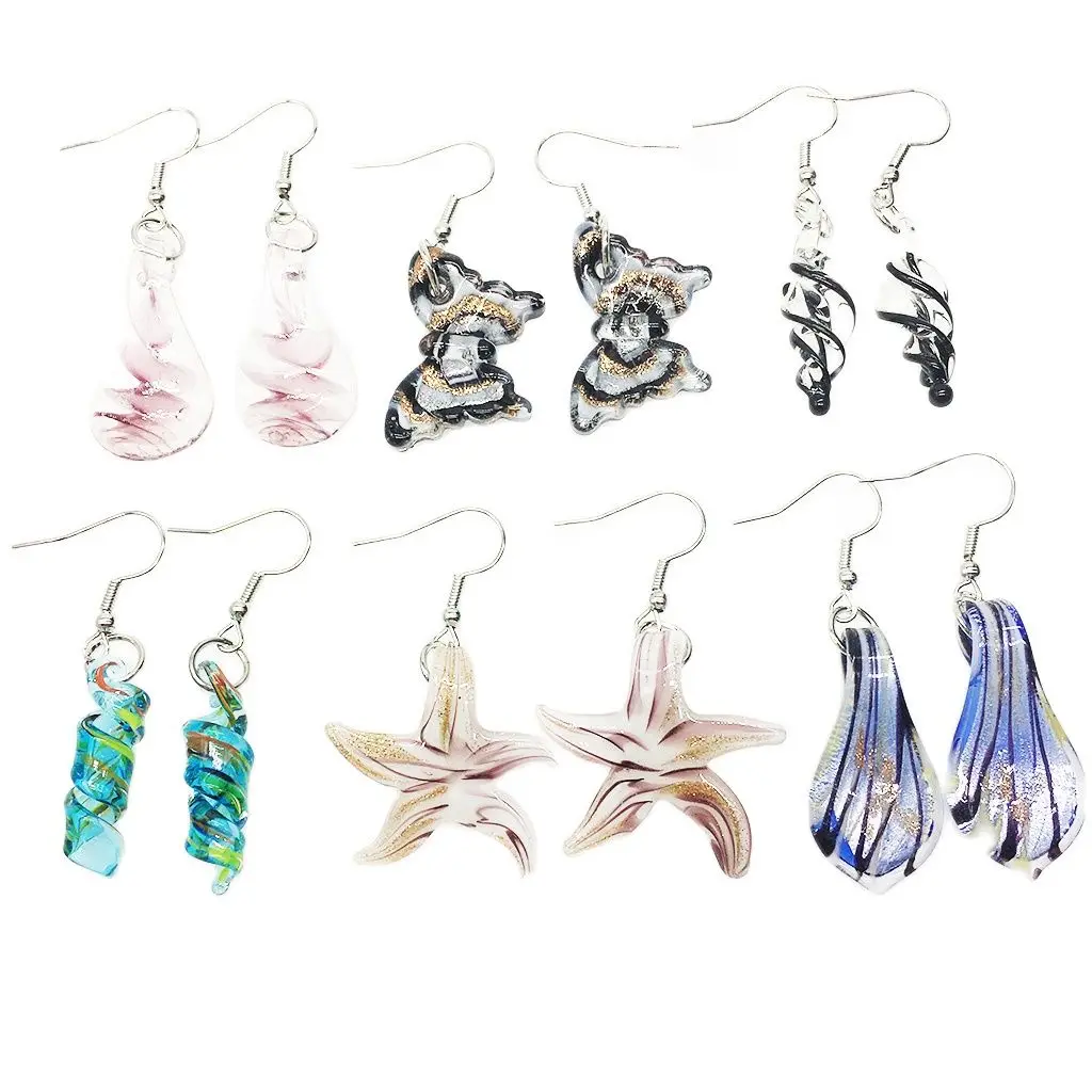 

6 Pairs Different Shape Glaze Murano Glass Lampwork Earrings For Women Butterfly Stars Starfish Spiral Water Drops