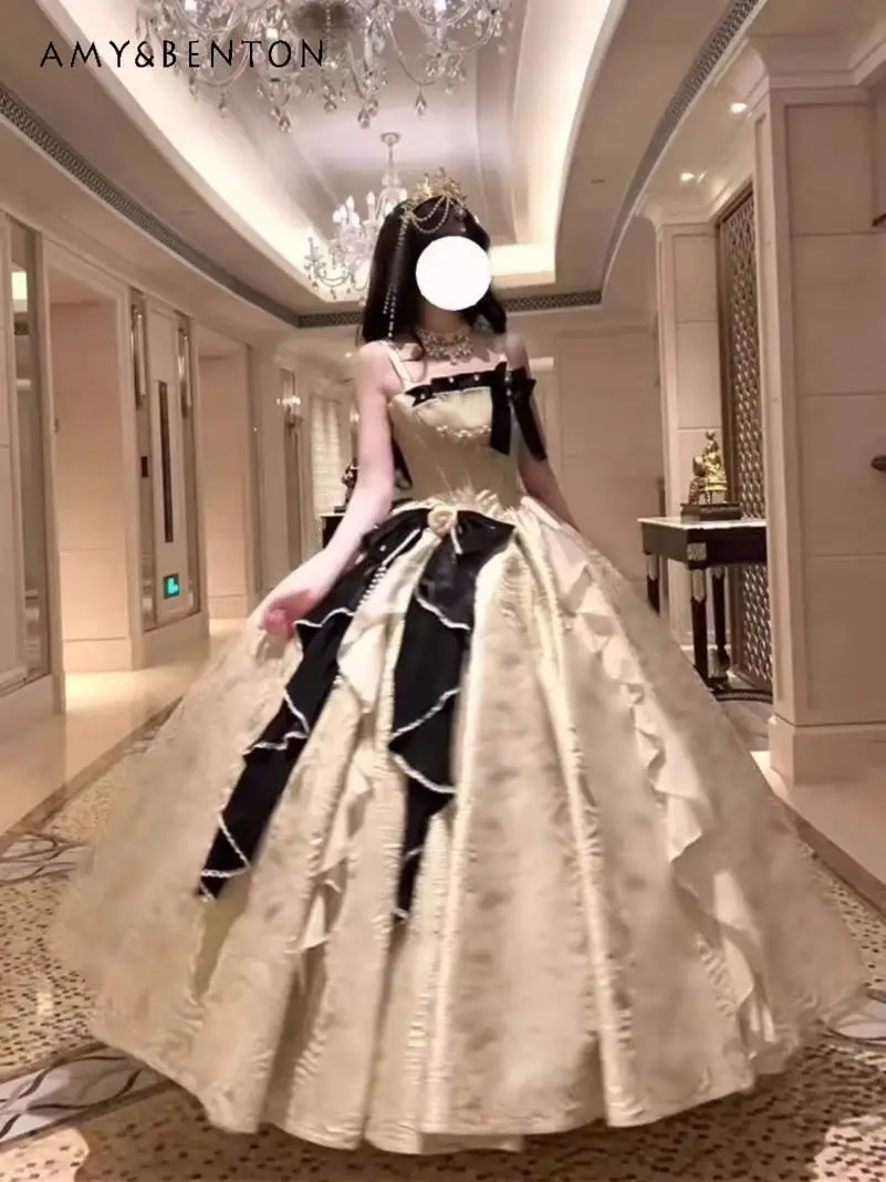 الراقية ضوء فاخر أنيق الجنية نمط لوليتا فستان JSK عالية الخصر سليم ثلاثي الأبعاد زهرة القوس الكبير فستان الأميرة توتو