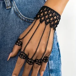 Vintage Exaggerated Dark Lace Mittens Finger Ring Bracelet for Women Chain Halloween Gothic Ghost Finger Bracelet