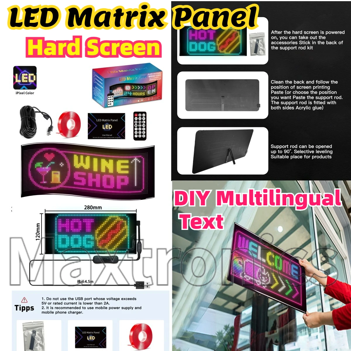 New Double Row LED Matrix Panel Hard Screen APP Remote Control DIY Multilingual Text Pattern for Supermarket Store/ Bar Display