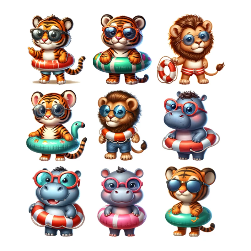 

Tiger, Hippopotamus, Lion swim ring Aestheticism Iron-on Transfers for Clothing Bright Color Diy Craft Children's clothing
