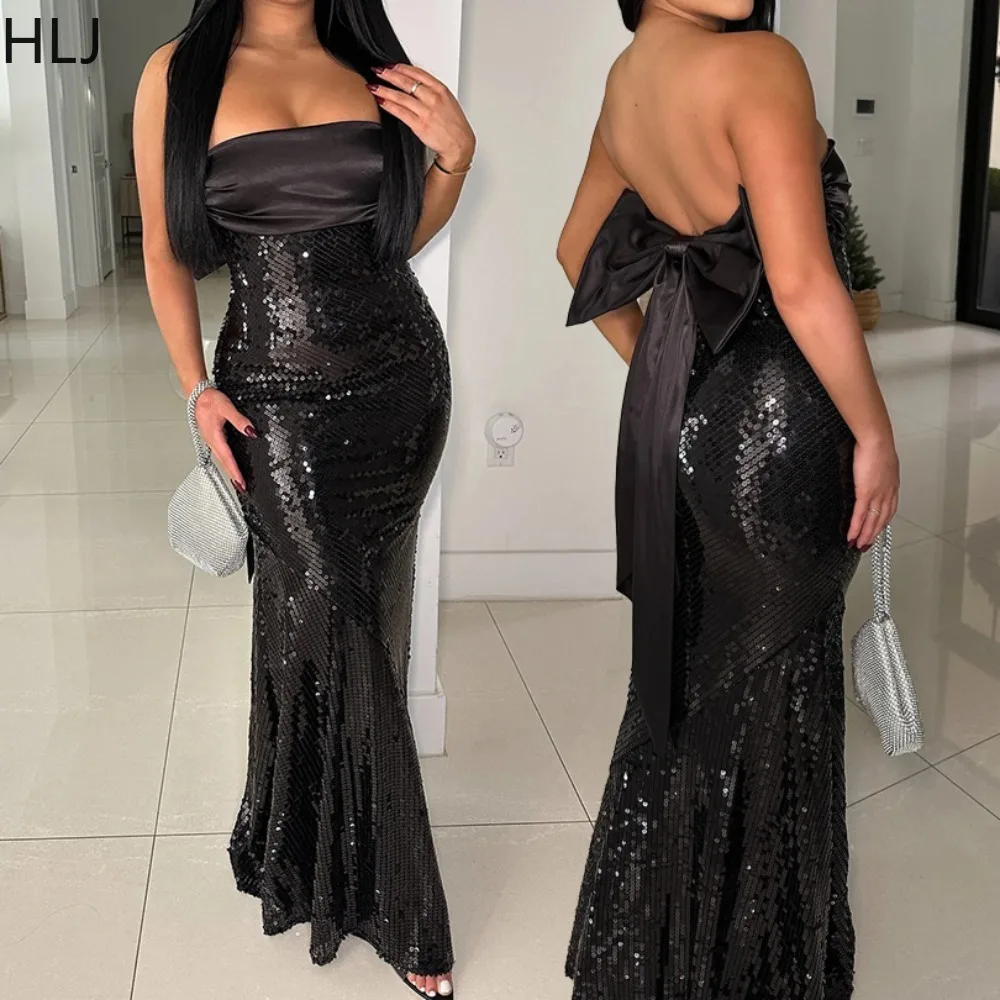 

HLJ Sexy Sequin Patchwork Maxi Dress Women Shining Off Showlder Bow Backless Long Dress Female Evening Party Vestidos Spring New