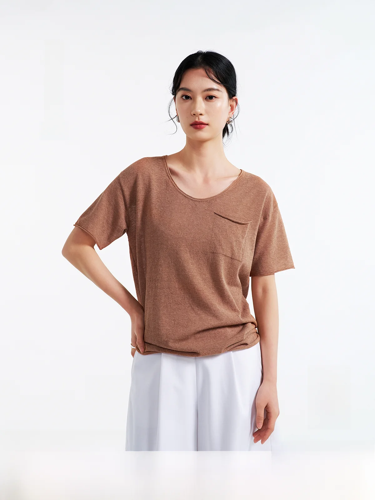 

Linen Natural Curl Pocket Knitted Short Sleeve 16 Needle Fine Needle Clear Comfortable UPW Yarn Large Collar T-Shirt