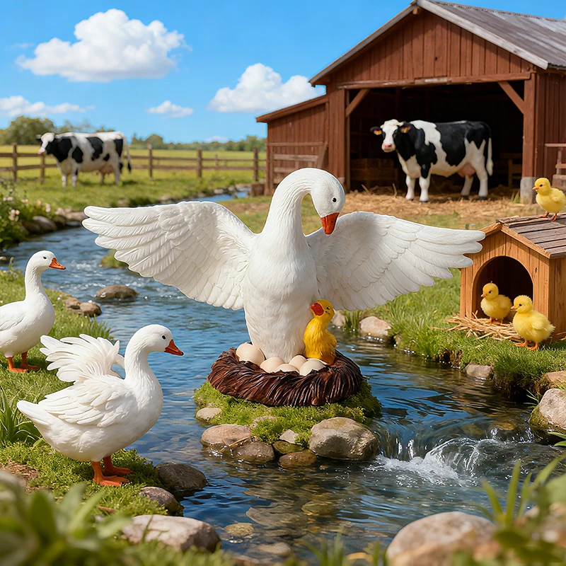 Oenux Simulation Cute Poultry Farm Animals Model Duck Goose Swan Hen Chicken Action Figures PVC Miniature Toy Xmas Gift For Kids