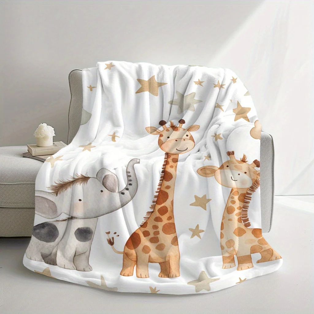 Überwurfdecke mit VIKAMA-Cartoon-Giraffe und Elefantenmuster. Weiche und warme, waschbare Nickerchendecke für Schlafzimmer oder Wohnzimmer.