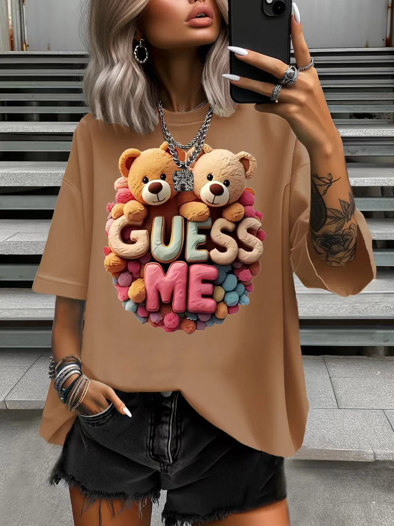 

Summer Women's Plus Size T-Shirt Original Design Fashion Couple Bears Printed Women's Casual Soft Round Neck Short Sleeved Tops