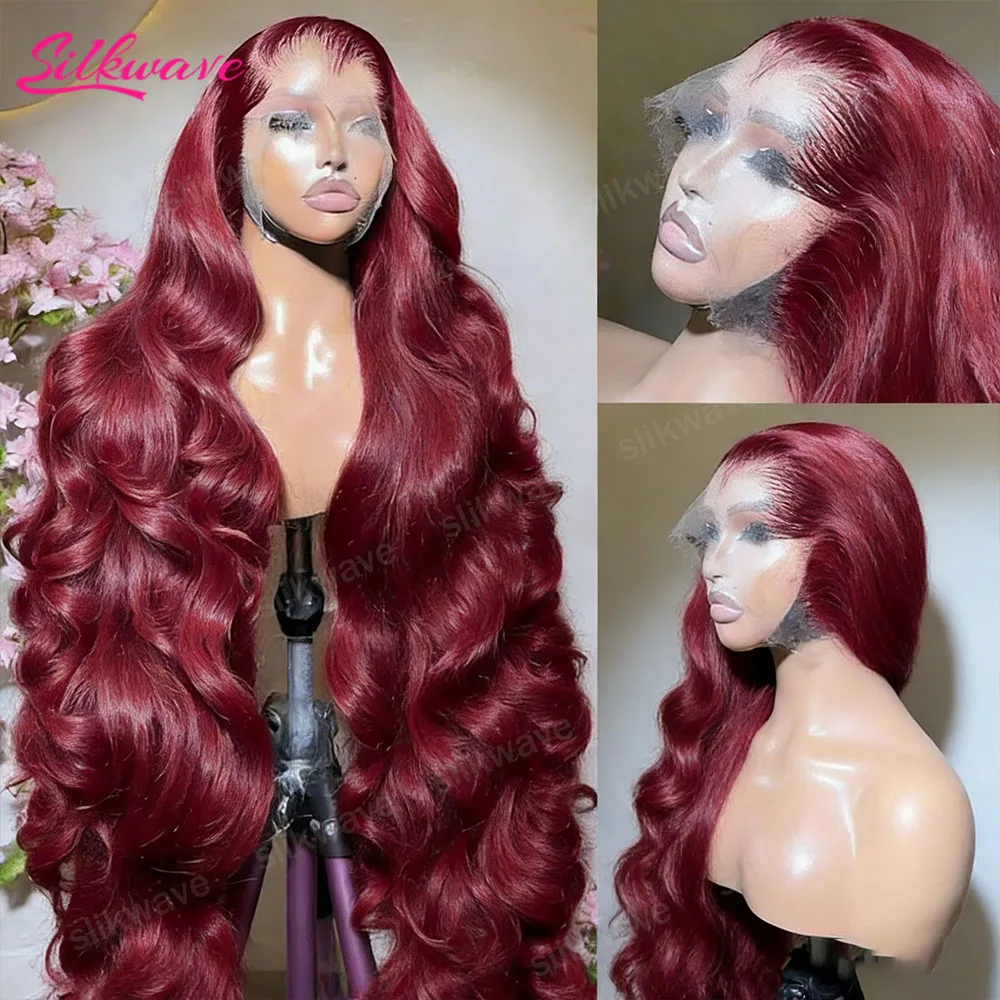 

Парик из натуральных волос 200% плотности, цвет 99J бургунди, волнистый, 30 дюймов, с HD-кружевом 13x6, бразильские волосы, цветные парики