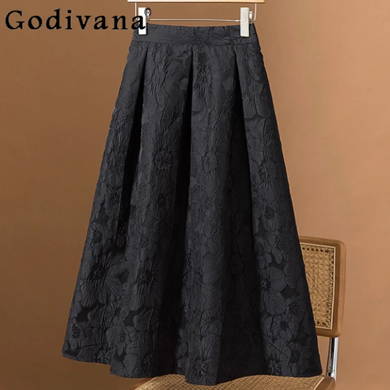 

Женская осенняя французская жаккардовая юбка большого размера с высокой талией в стиле ретро, темпераментная черная трапециевидная юбка, свободные и универсальные возрастные юбки