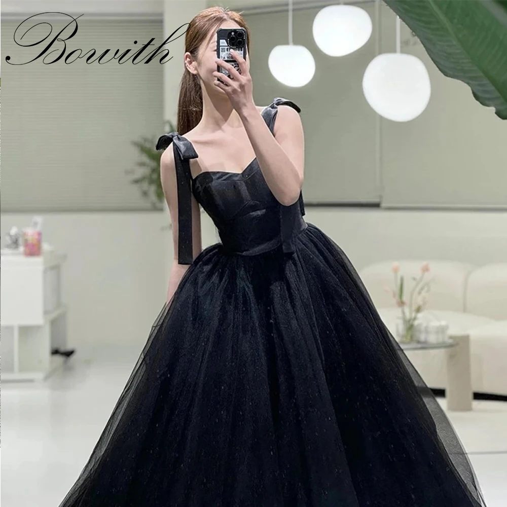 

Bowith Simple Black A Line Wedding Dress Customized Korea Photoshoot Spaghetti Straps Soft Satin Bridal Gown Customized