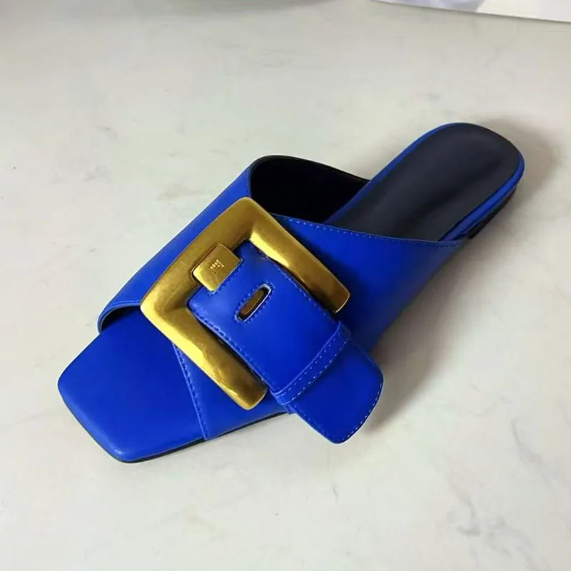 Blue Denim Slippers Woman Open Toe Gold Buckle Decor Flat Shoes Lady Sexy Gladiator Sandals view 4