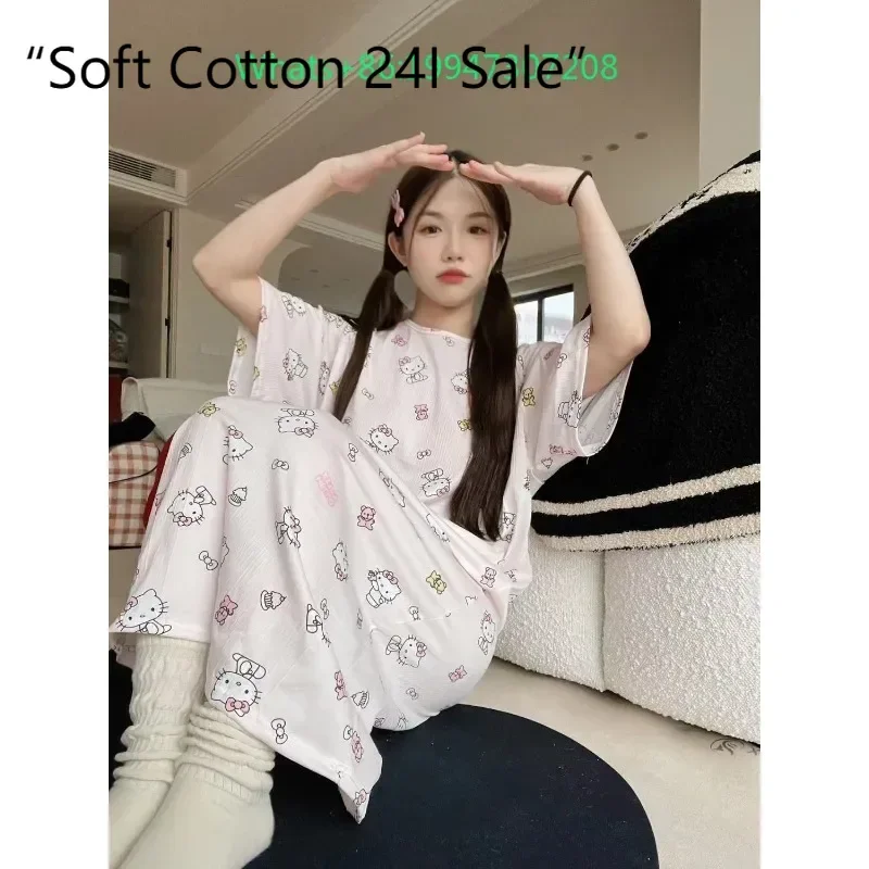 

Summer new white cartoon Hello Kitty nightdress female cute print loungewear dress can be worn outside