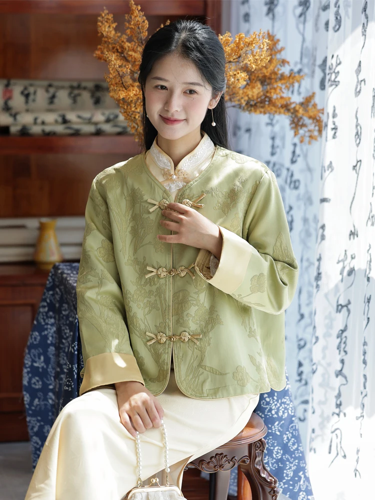 

Ele Chinese Sle round Ne Single Button Spring Autumn Outerwear Women's Loose Fit Long Sve Stand Collar Cardigan