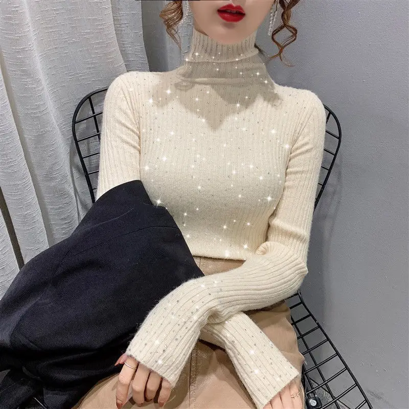 Luxury Shiny Rhinestone Sweater Fall Winter Slim Thin Knitted Bottoming Shirts Turtleneck Pullovers Sequined Undershirts Tops