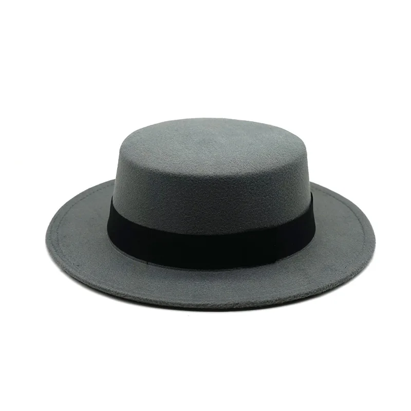 New Wool Boater Flat Top Hats for Women\'s Felt Retro British Style Wide Brim Fedora Hat Autumn Winter Jazz Cap Classic Bowler