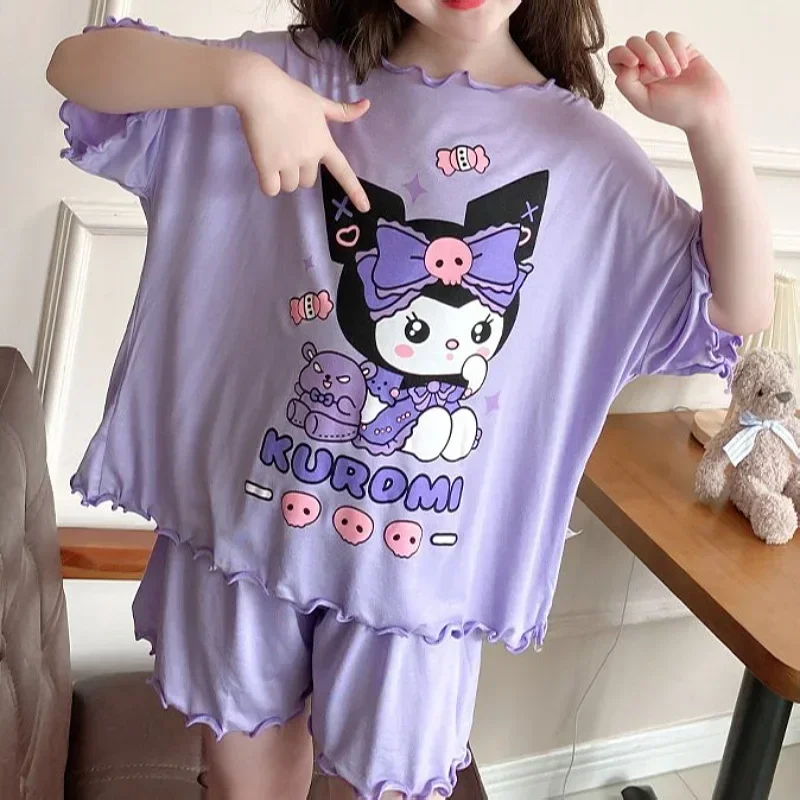 

Sanrio Girl Summer Ice Silk Baby Home Clothes hello kitty kuromi Children Pajama sleepwear Short Sleeve T-Shirt Shorts Set