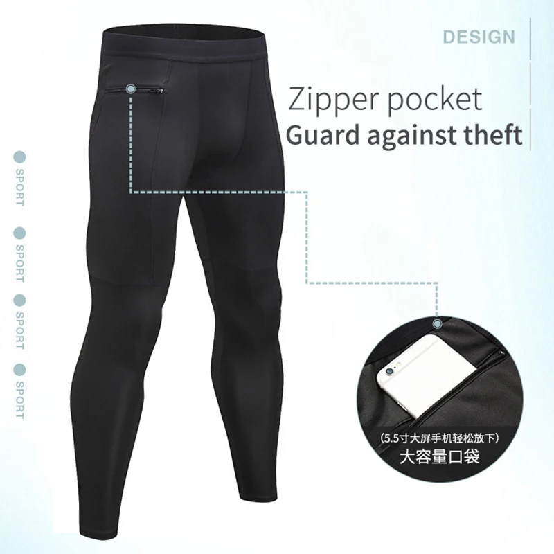 Men Compression Tight Leggings Pocket High Waist Lift Pants Zipper Tights Training Yoga Bottoms Fiess Sports Skinny Trousers