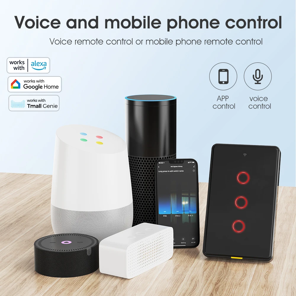Tuya Zigbee Smart Light Touch Switch Tanpa Kabel Netral, Relay Magnetik Dinding, US 100-250v, Pengatur Waktu Suara, Aplikasi Tmall Genie, Alexa