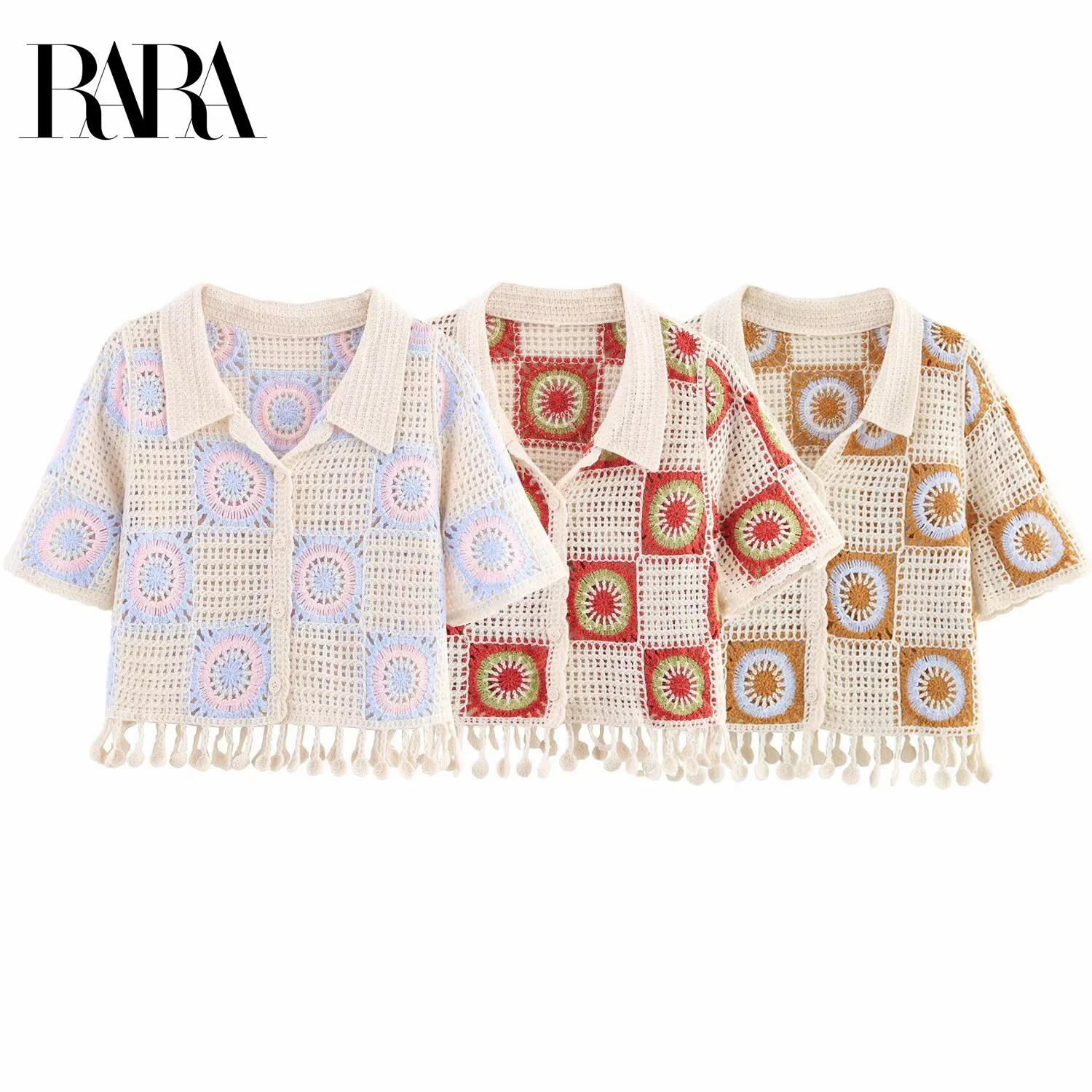 

RARA2025 new summer women's casual fashion simple versatile lapel short-sleeved shirt knitted hollow top