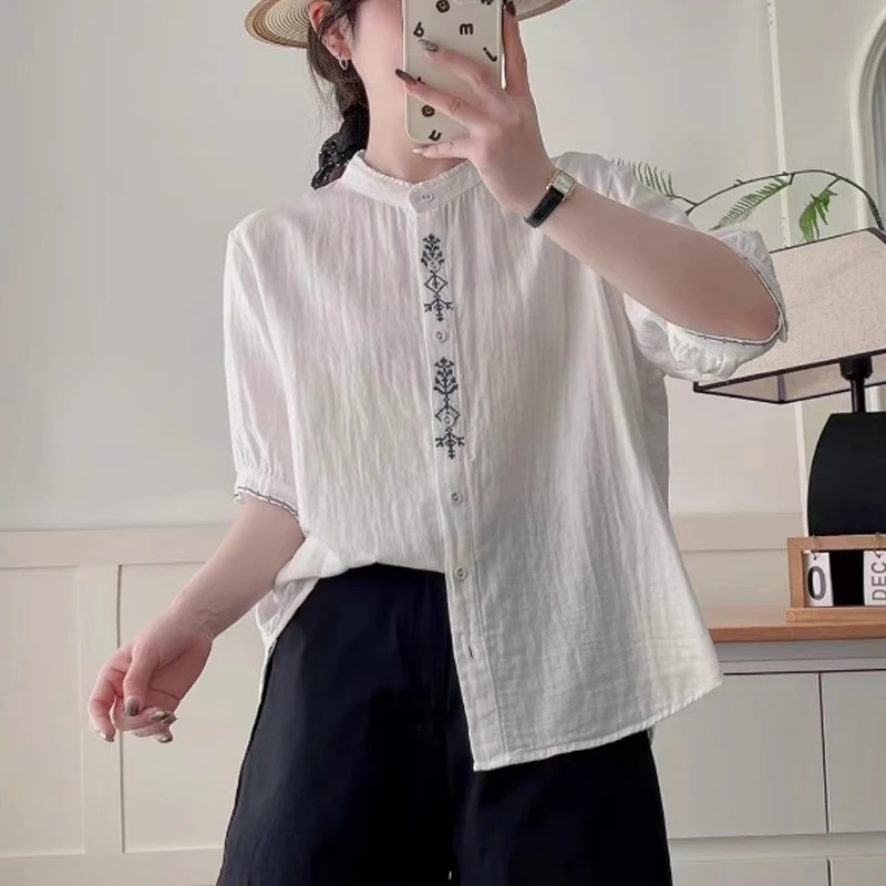 ใหม่2025ฤดูร้อนผ้าฝ้ายเส้นด้ายครึ่งแขนเสื้อผู้หญิงยืนเย็บปักถักร้อย, MoriสาวPreppyสไตล์หวานสบายๆหลวมเสื้อT56623CC