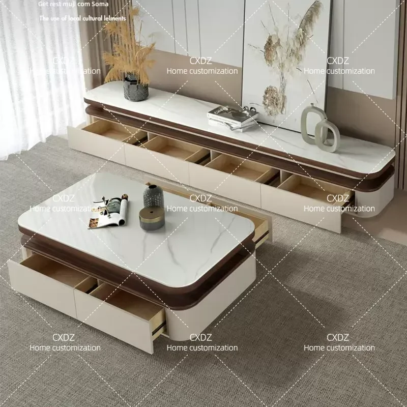 2026 New Solid Wood Microcrystalline Stone Slab Coffee Table Medieval Style Living Room Center Table for Small Apartment