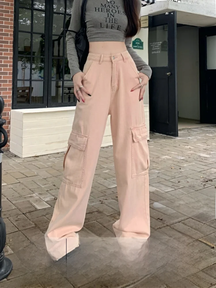 

Джинсы женские прямые с высокой талией, розовые, свободного кроя, больших размеров, в стиле рабочей одежды, удлиненные, до пола