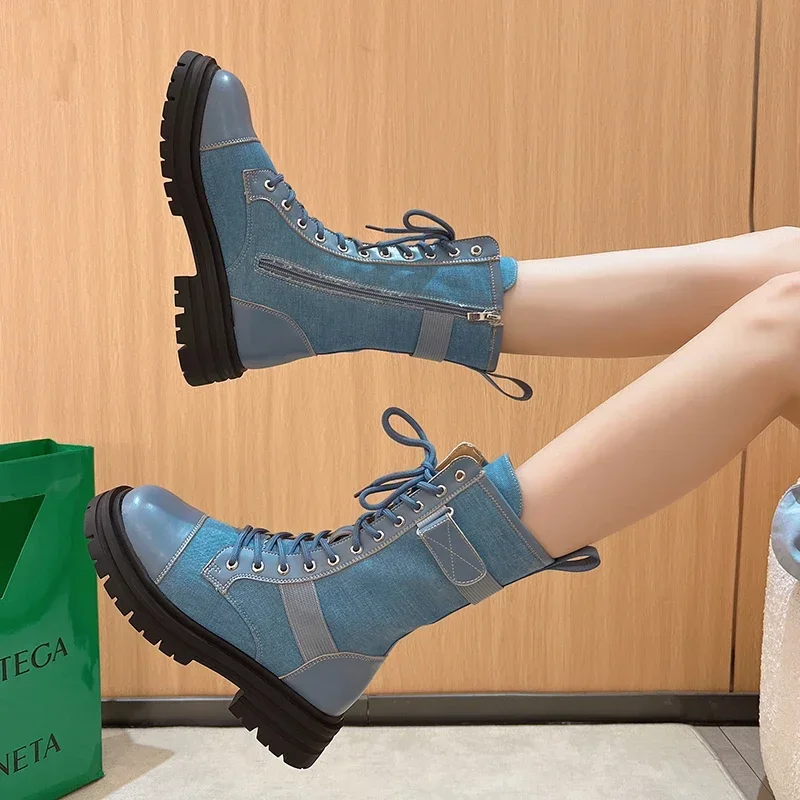 Shoes for Women 2024 Autumn New Women\'s Boots Fashion Platform Luxury Female Cool Motorcycle Boots Thick Soled Denim Short Boot