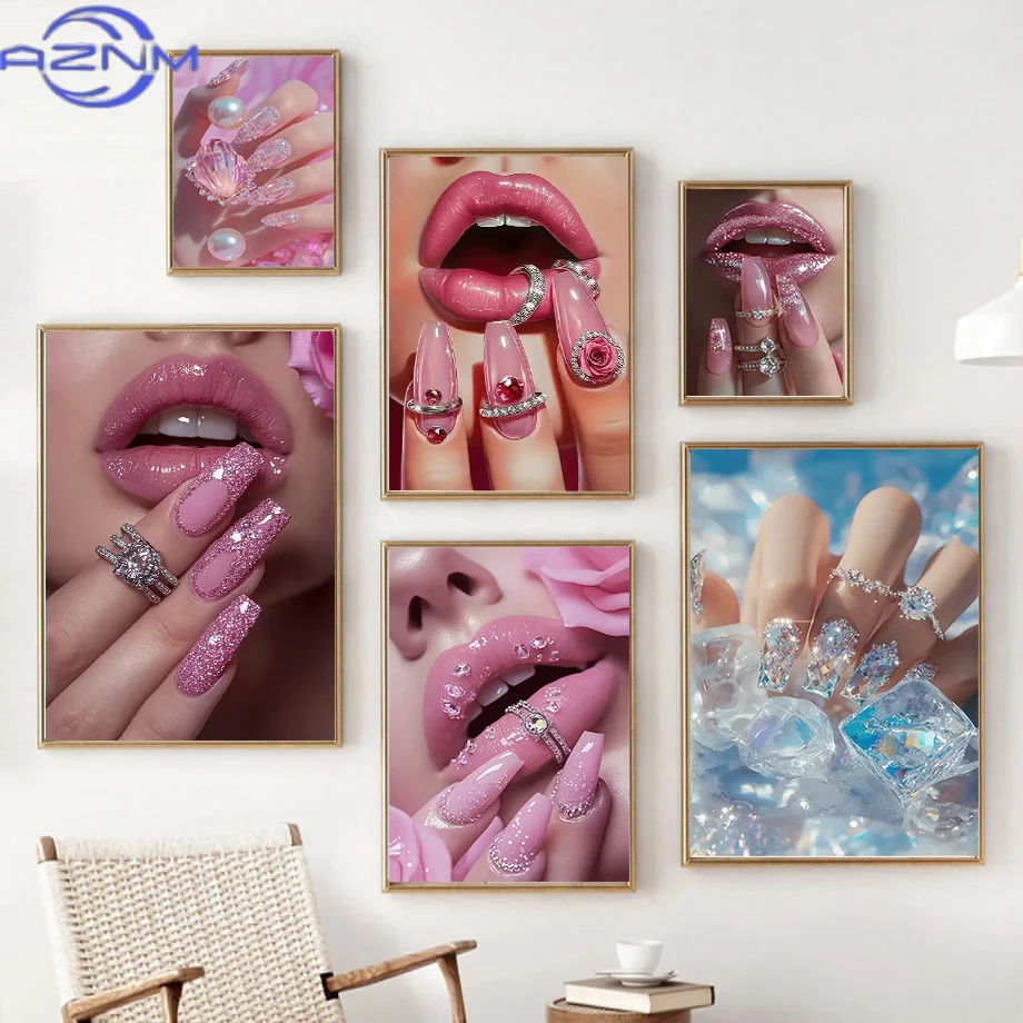 Chic Pink Lips and Nail Canvas Art Print - Fashion Nail Poster Printing for Birthday, Valentine's Day Beauty Salon Home Decor