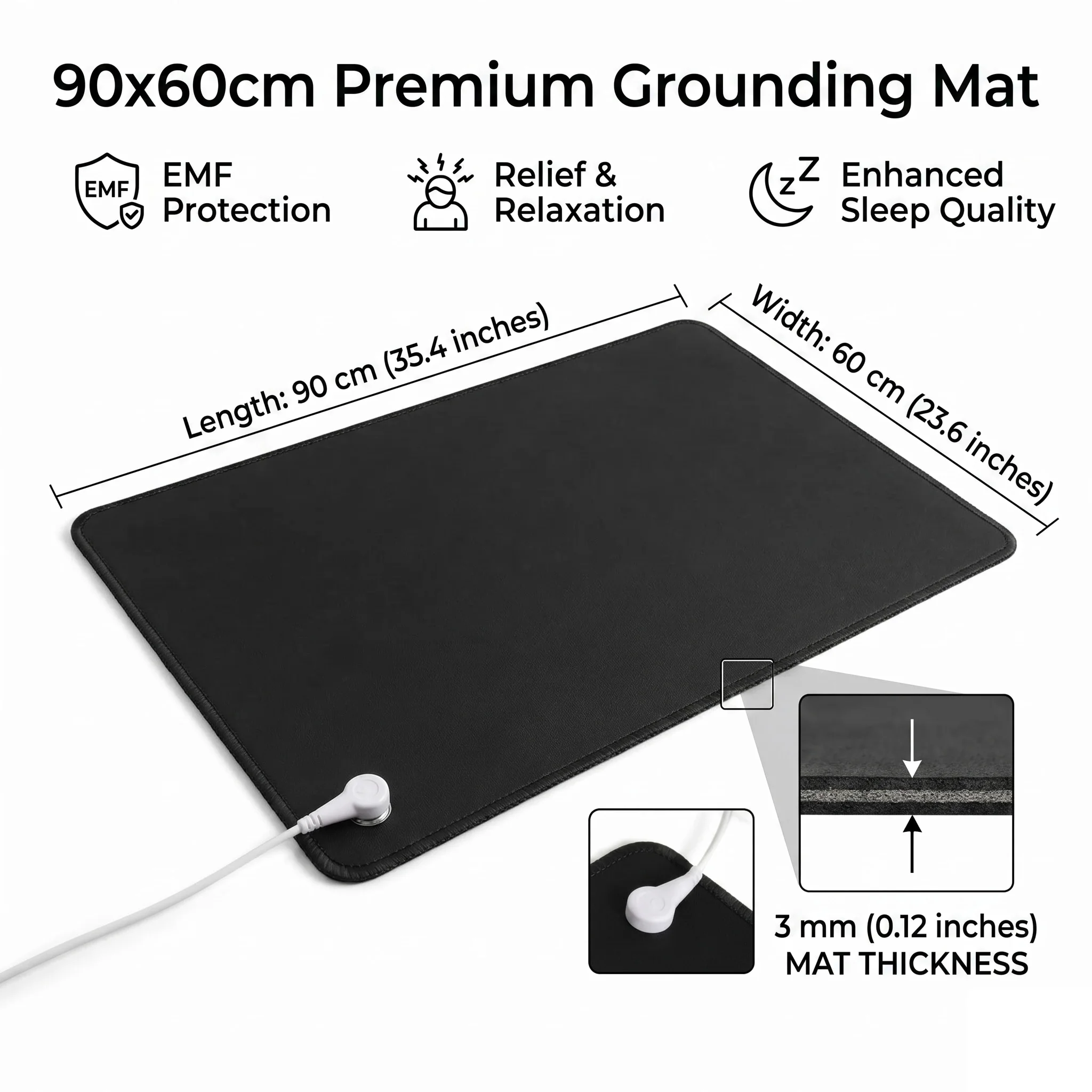 3mm PU Leather Grounding Mat Earthing Pad Anti Static ESD EMF Protection Sleep Support Desk Bed Floor Yoga Wellness Tool 90x60cm