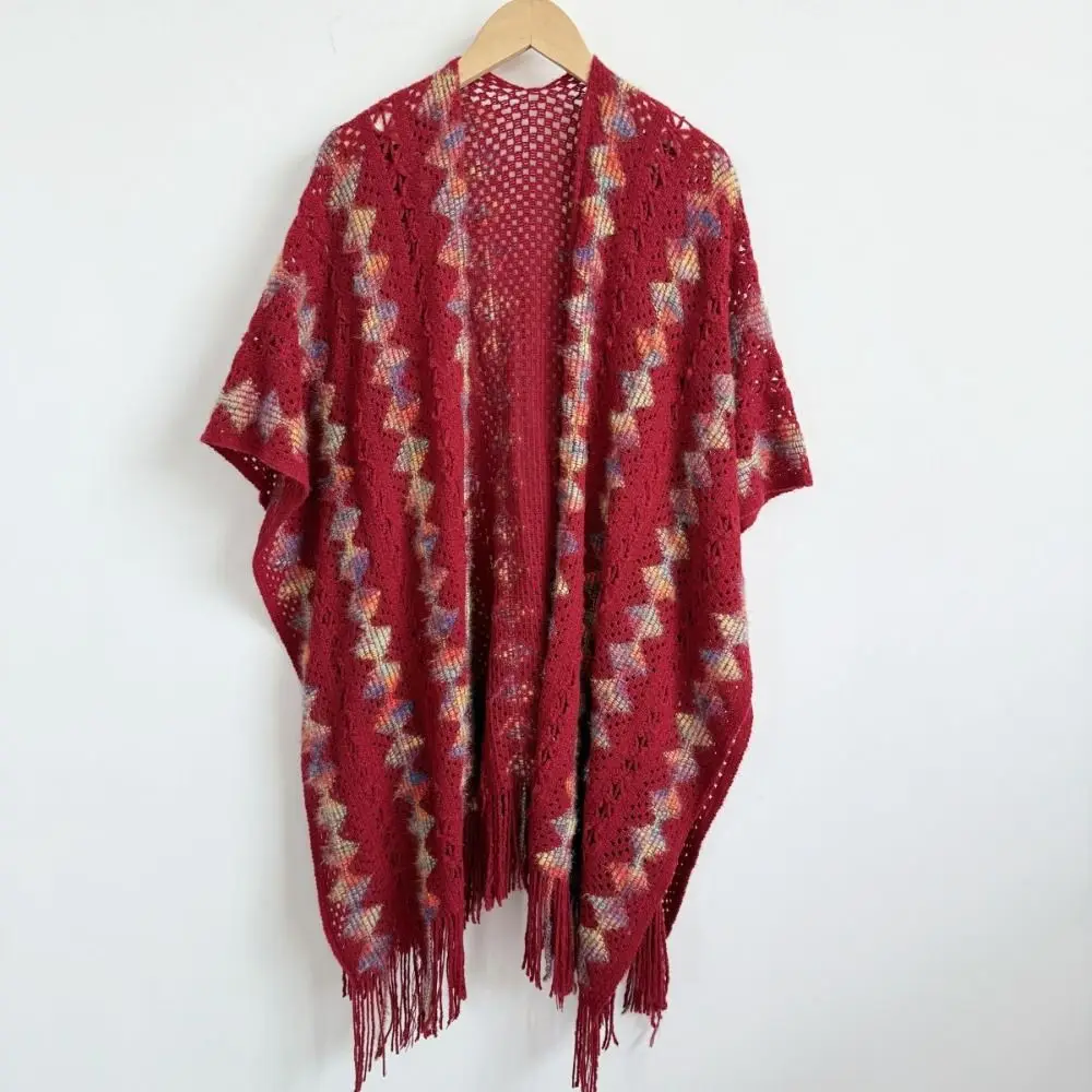 الفاخرة العرقية نمط محبوك شال شتاء دافئ أنيق شريط شرابة شال معطف تراكب أزياء المرأة