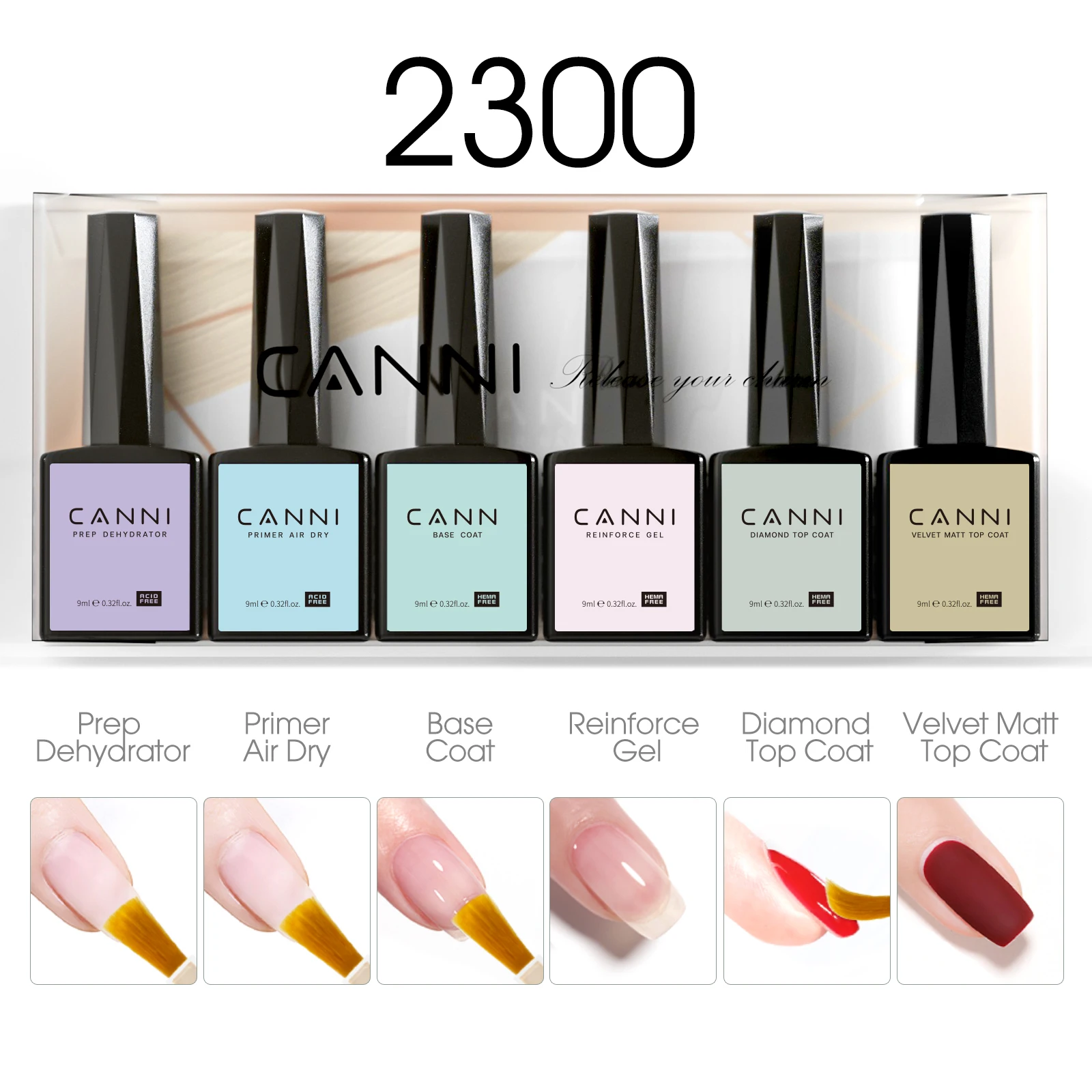 CANNI 6pcs/Lot HEMA FREE Prep Dehydrator Base Primer Reinforce Gel Diamond TopCoat Matt TopCoat Gel Polish Perfection Kit-2300