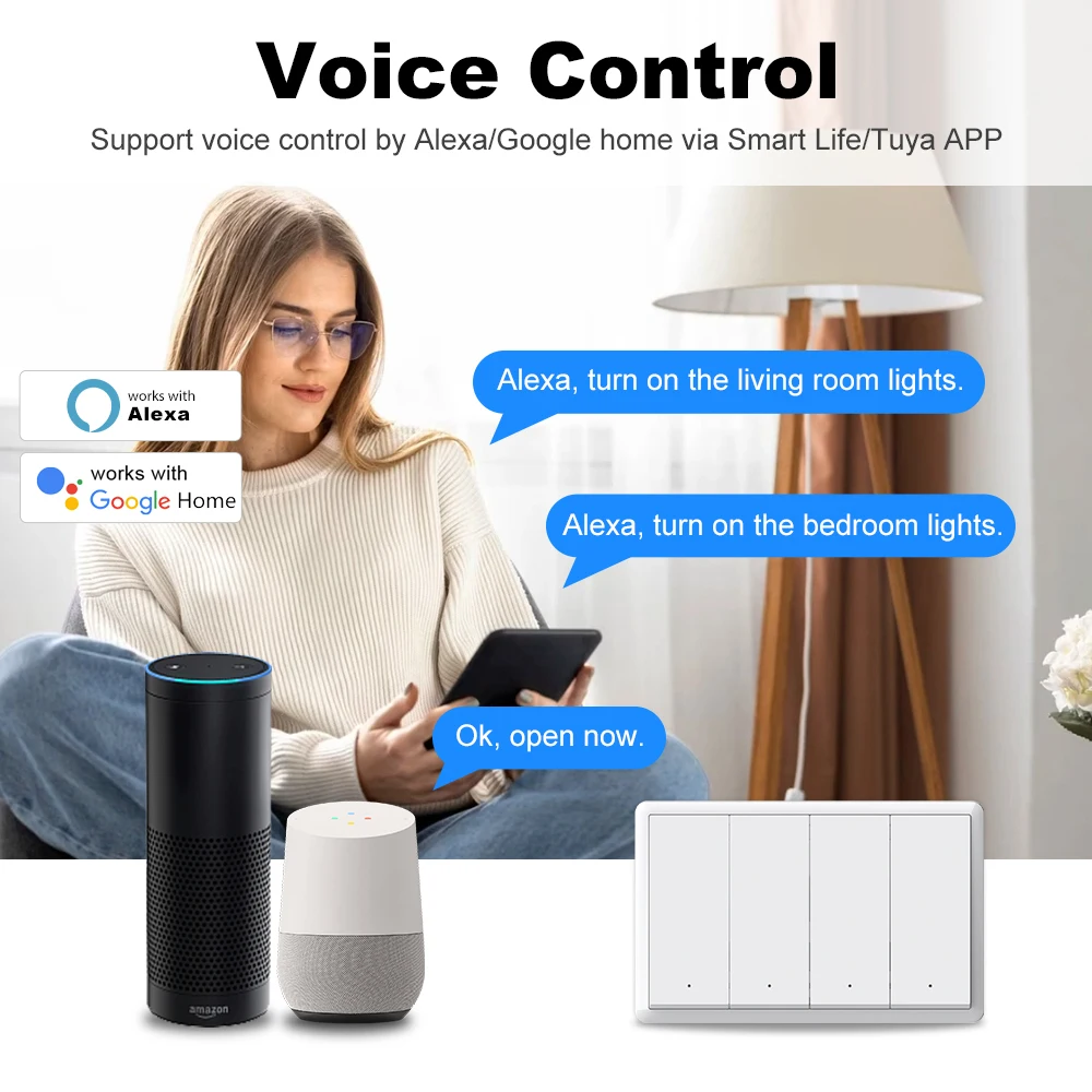 MANHOT Zigbee Smart Wall Light Switch 1/2/3/4 Gang Neutral/No Neutral Wire Push Button App Control Smart Life Alexa Google Home view 3