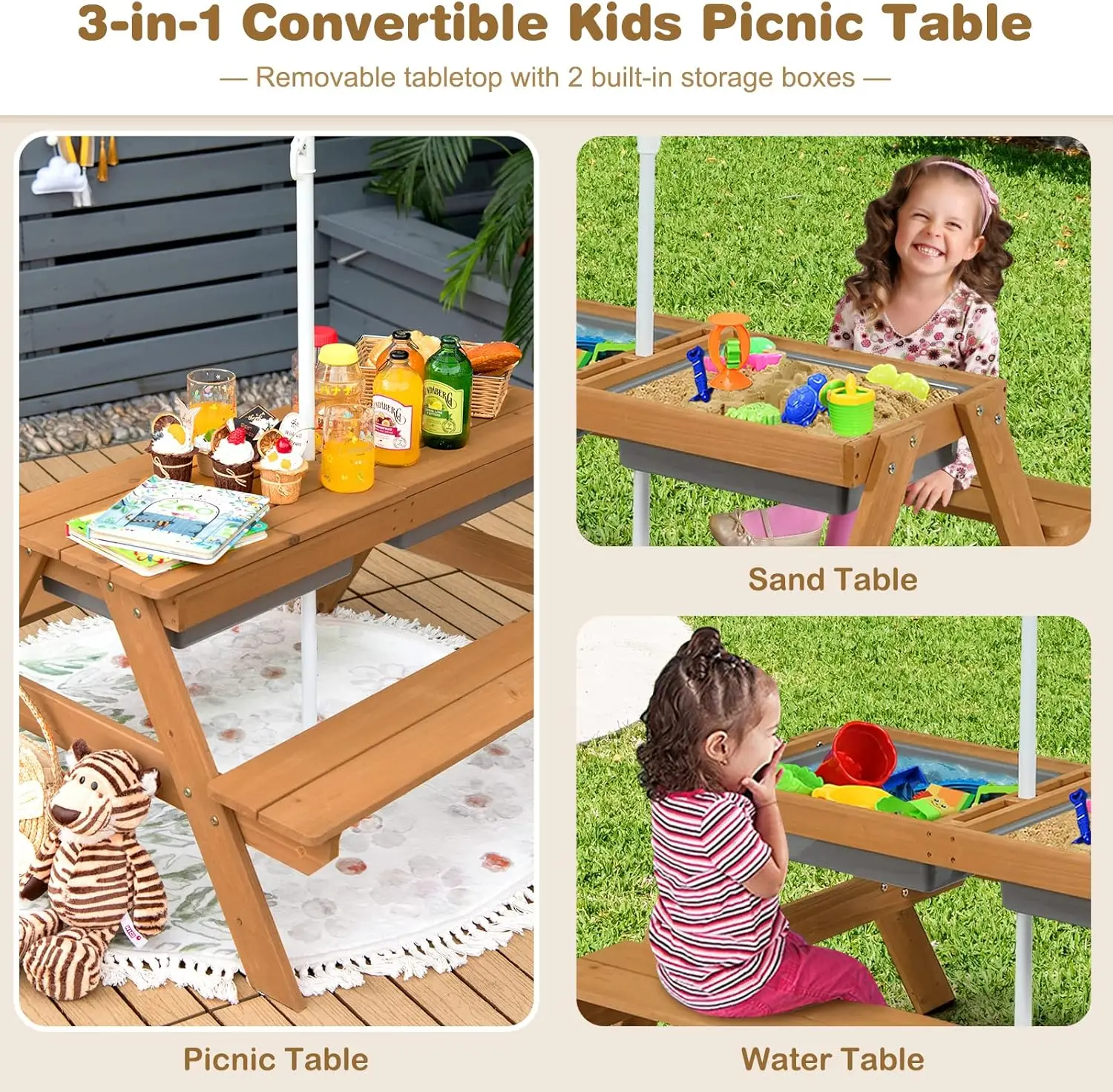 Kids Picnic Table, 3 in 1 Sand & Water Table w/Height Adjustable Umbrella, Removable Tabletop, Children Outdoor Toy Playset w/2