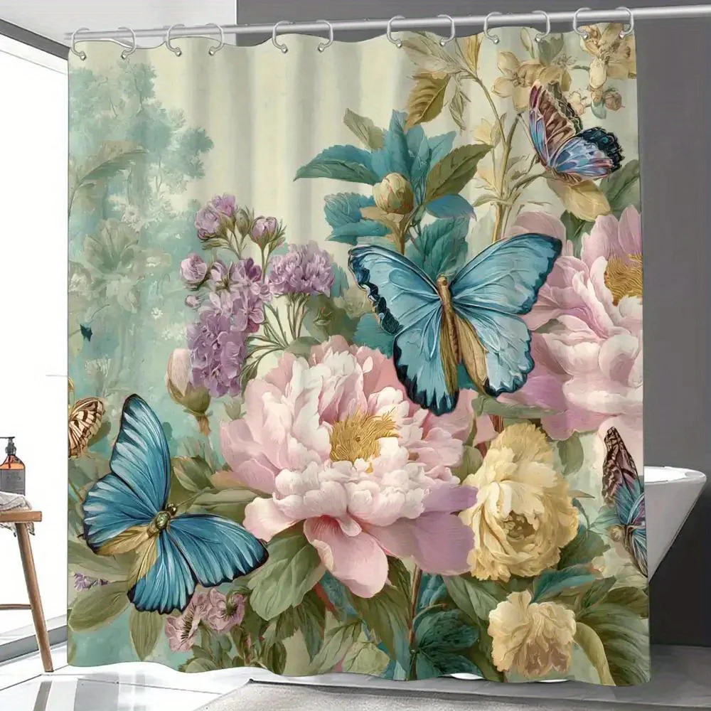 

1 занавеска для душа с цветочным узором для ванной комнаты, весенний дизайн в винтажном стиле с 12 крючками, 70,87x70,87 дюйма, декоративная домашняя термоBl