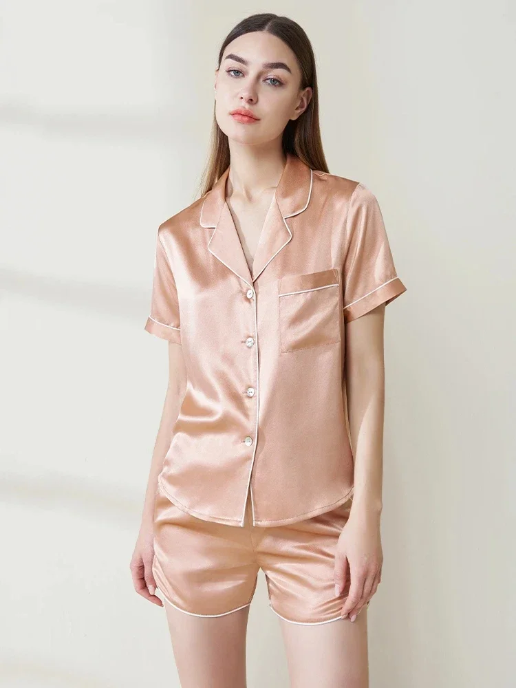 

19 мм настоящая тяжелая шелковая женская повседневная пижама с короткими рукавами, одежда для сна на пуговицах, воротник с лацканами, топ и шорты, пижамный комплект, ночная рубашка