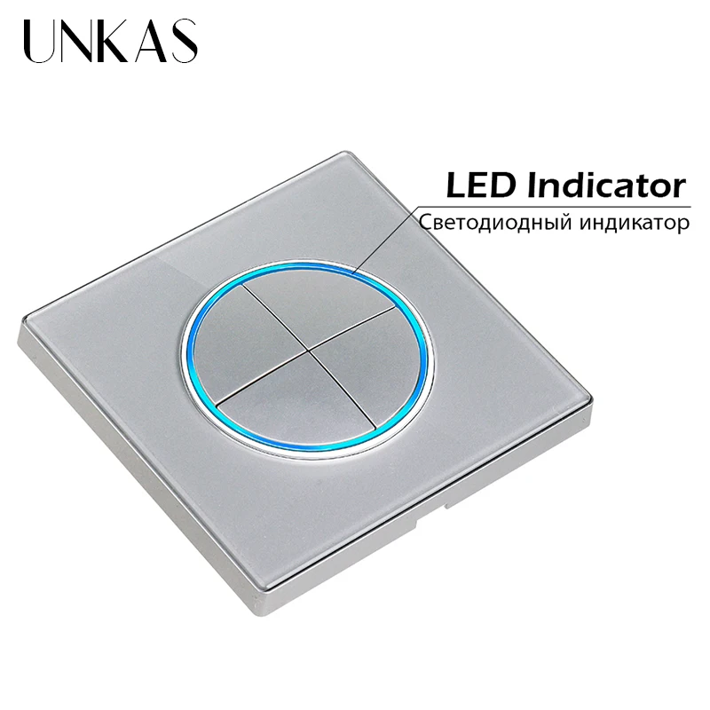 UNKAS Wall Light Switch LED Round Button Push-return 1 2 3 4 Gang Glass And Matt Brushed Aluminum Panel Silver Black Gold