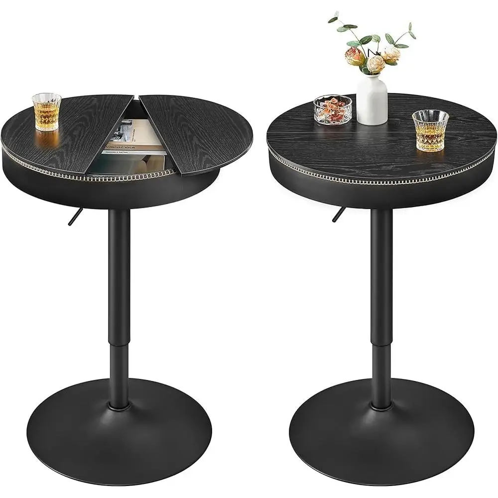 Height Adjustable Bar Table Set of 2 Round Pub Tables with Storage Synthetic Leather Stylish Design Dining Kitchen Living Room