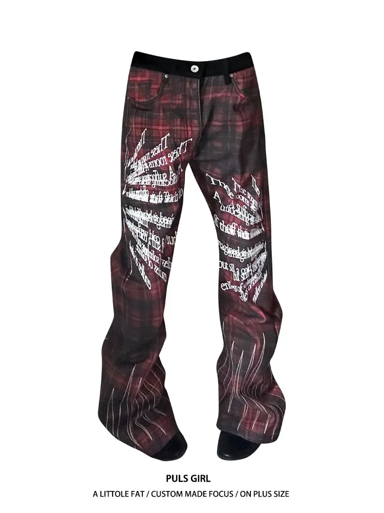 

Large Size American Street Style Washed Plaid Embroidered Wide Leg Jeans Women's Loose Drapey Casual High Waist Trousers