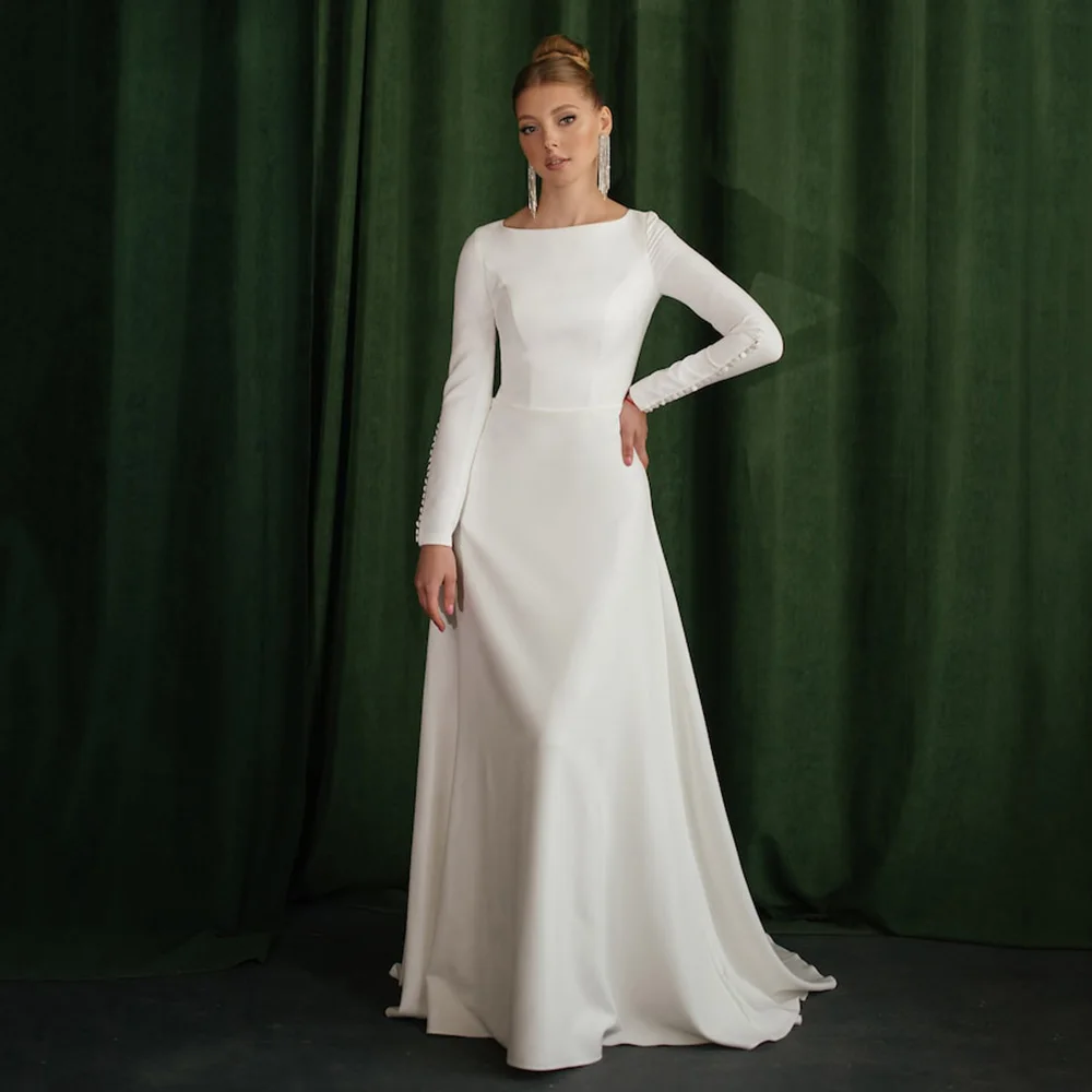 

Modest Wedding Dresses Long Sleeves Scoop A-line Bridal Dresses Buttons Classic Elegant Bride Dress For Women Customized