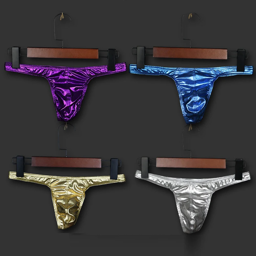 Men Sexy Bikini Briefs Low Waist Shiny Wet Look Panties T-back Thong Underwear Lingerie Gay Erotic Underpants  Tanga Slip A50